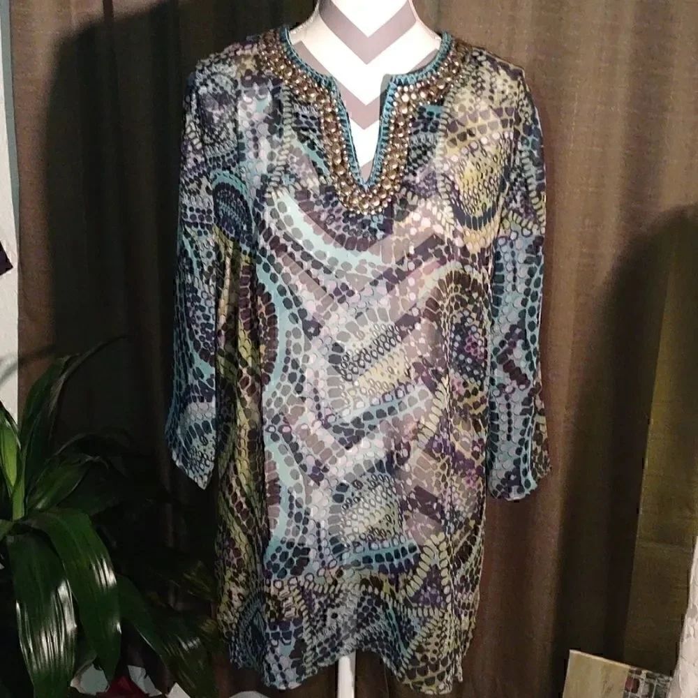 Grace Elements Blu/blk Studded Tunic Blouse